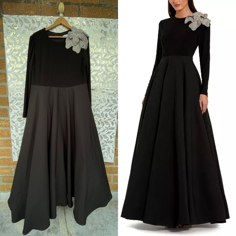 Mac Duggal Size 16 Black Taffeta Embellished 3D Floral Long Sleeve Ball Gown